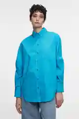 Синий рубашка женская Befree, oversize, хлопковая, с нагрудным карманом
