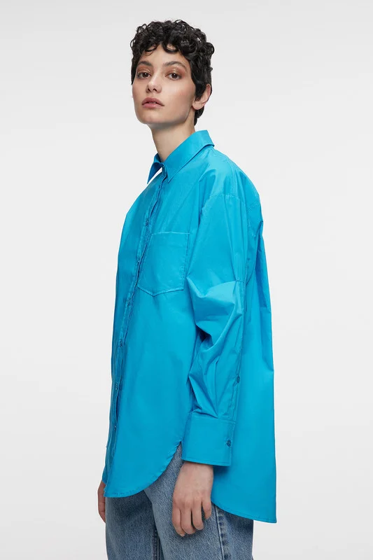 Синий рубашка женская Befree, oversize, хлопковая, с нагрудным карманом