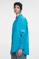 Синий рубашка женская Befree, oversize, хлопковая, с нагрудным карманом