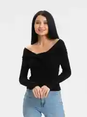 Черный лонгслив женский с открытыми плечами, укороченный