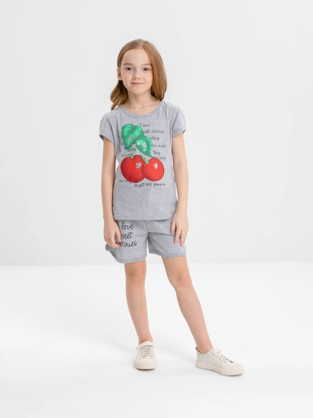Серый комплект для девочек, спортивный, хлопок: футболка и шорты, 4-8 лет