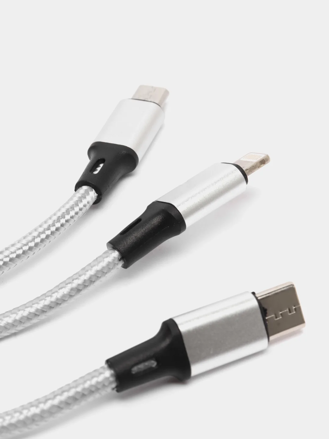 Белый кабель зарядный три разъема Micro USB, Type-C, Apple, длина 1,2м