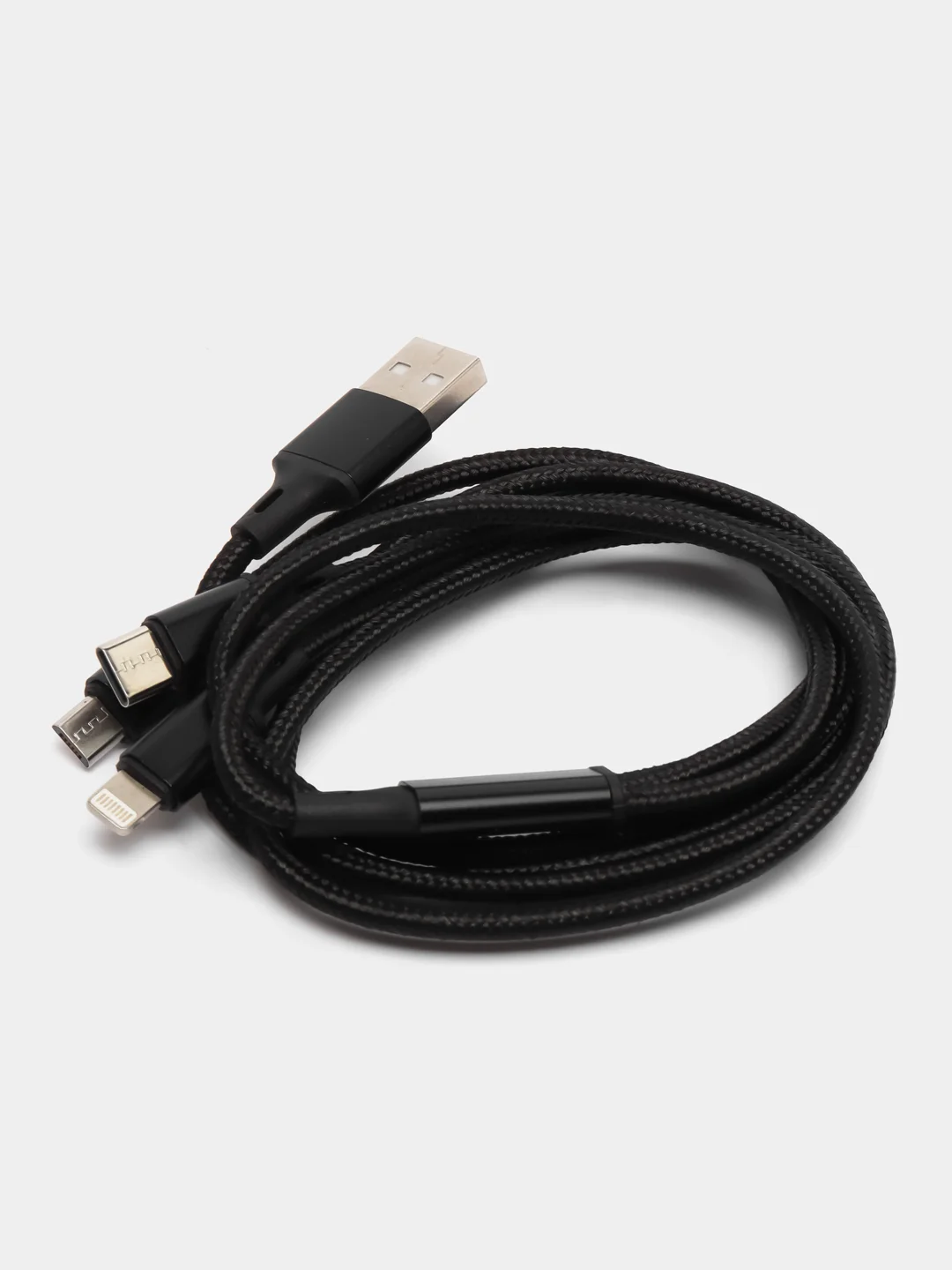Черный кабель зарядный три разъема Micro USB, Type-C, Apple, длина 1,2м
