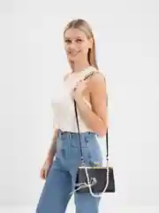 Черный мини сумка-клатч женская, на плечо, с жемчужной цепочкой