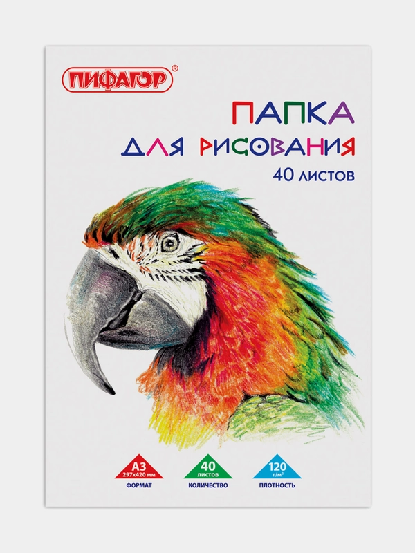 Бумага для рисования А3, 297х420 мм, в папке 40 листов, 120 г/м2, Пифагор Попугай, 880267