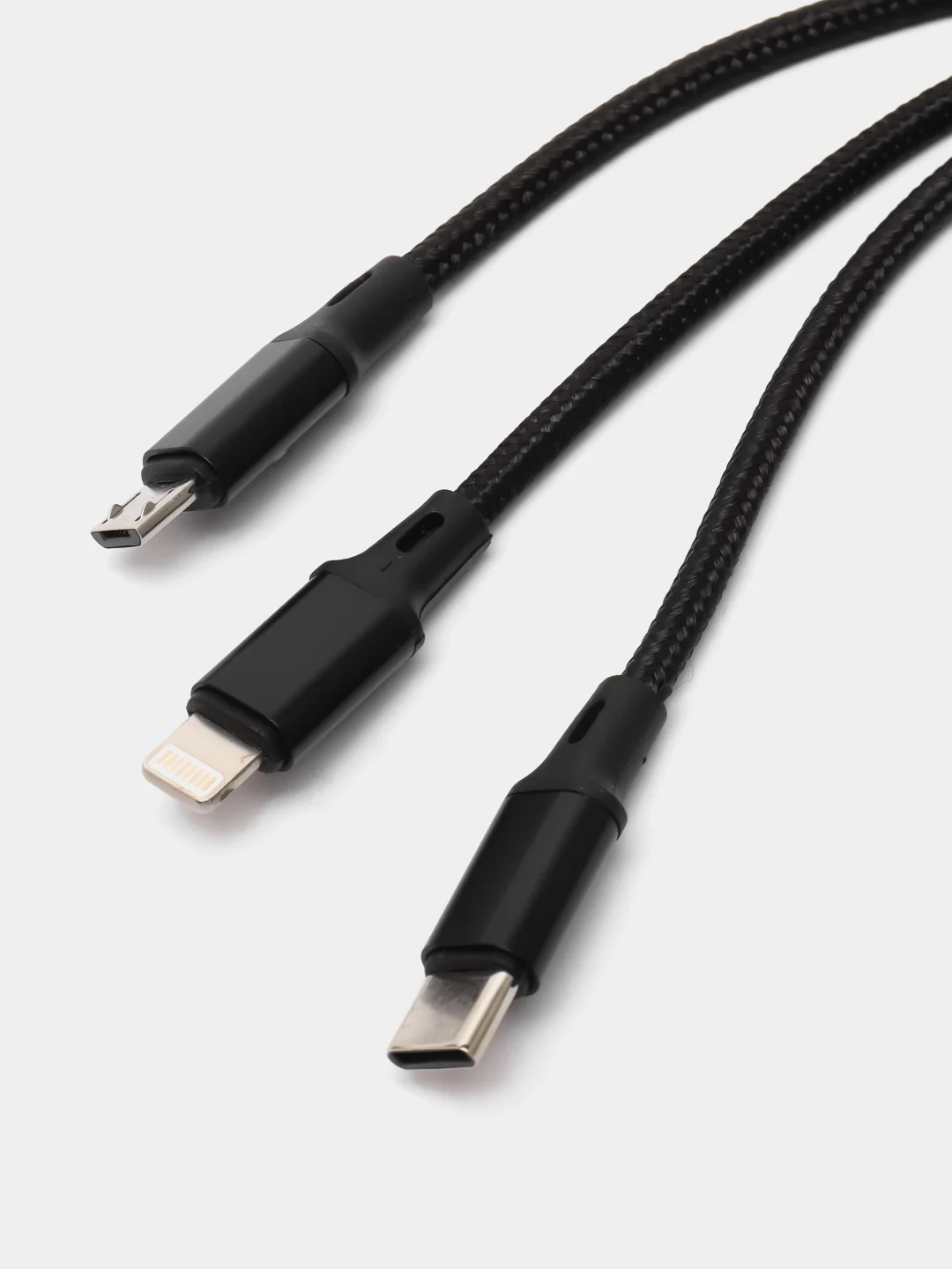 Черный кабель зарядный три разъема Micro USB, Type-C, Apple, длина 1,2м