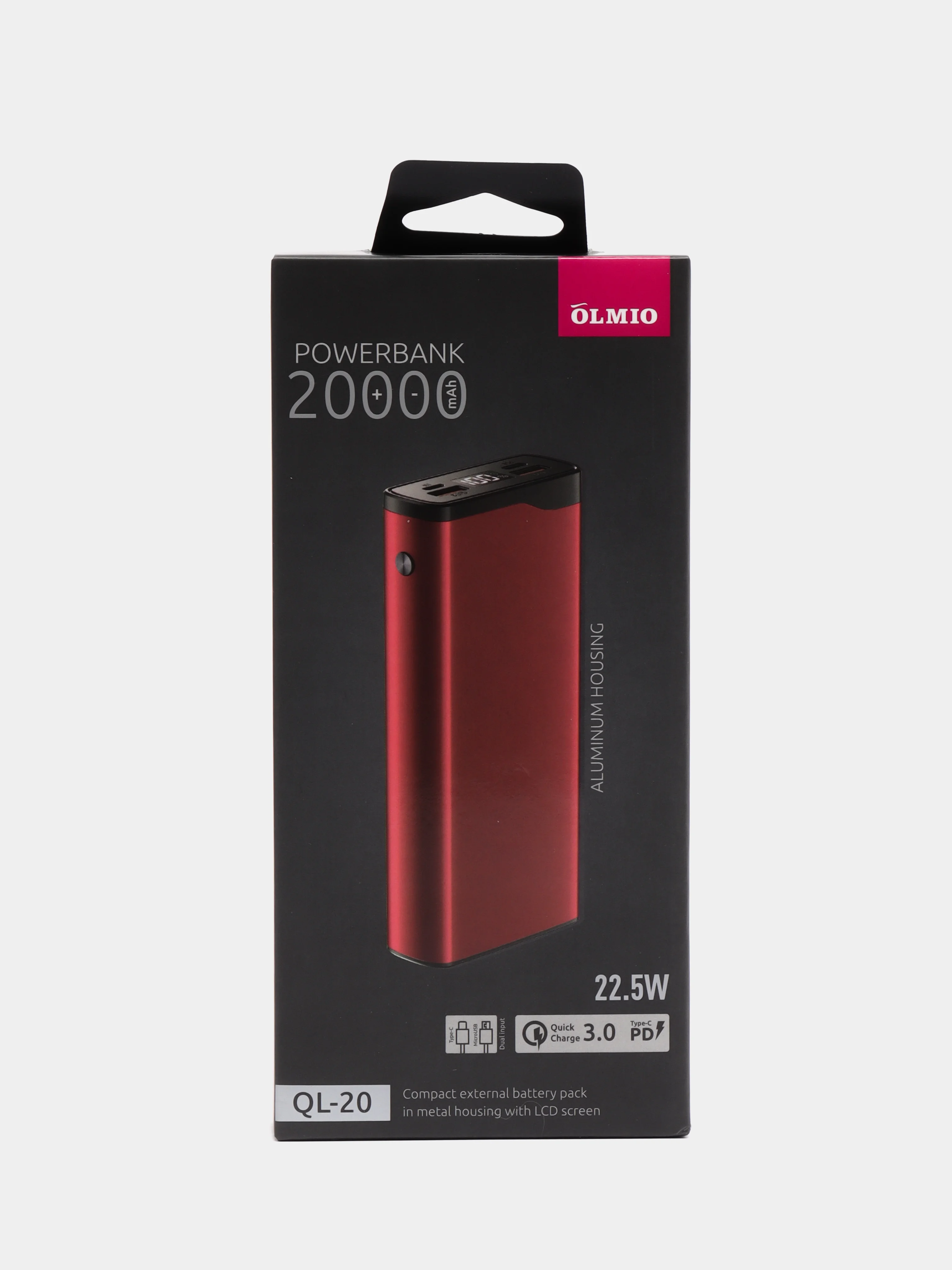 Красный внешний аккумулятор с быстрой зарядкой OLMIO QL-20, 20000mAh, 22.5W, QuickCharge 3.0