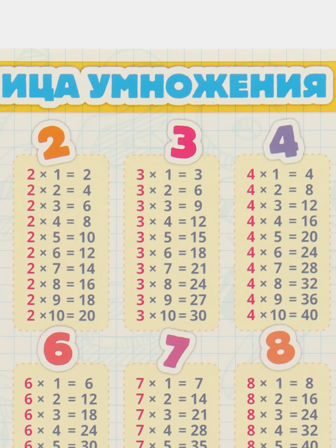 Манго обучающая карточка А5: Таблицы "Сложения", "Вычитания", "Умножения", "Деления"
