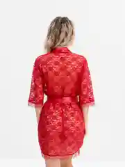 Красный эротический халат шелковый, кружевной, женский