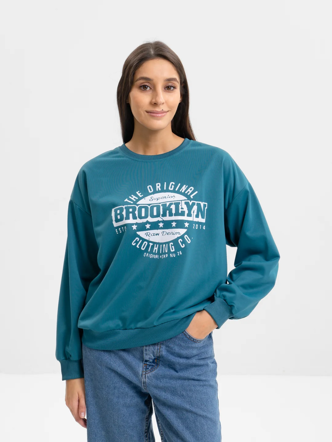 Тёмно-бирюзовый свитшот женский свободный из легкой ткани, принт Brooklyn