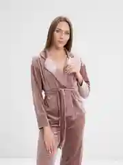 Бежевый пижамный костюм-двойка женский, брючный, велюровый