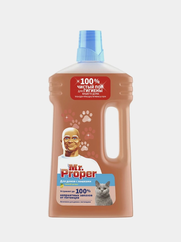 MR PROPER Моющая жидкость для полов и стен для домов с кошками Свежий Цитрус, 1 л