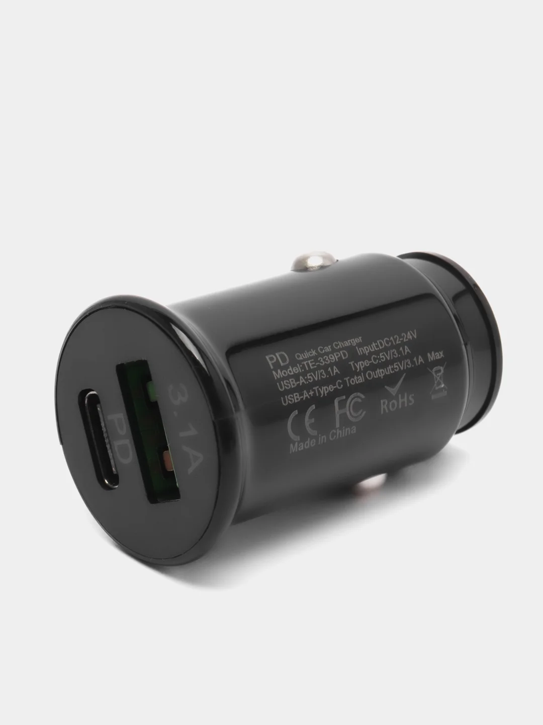 Черный автомобильное зарядное устройство в прикуриватель, Type-c USB 3,1А / зарядник телефона
