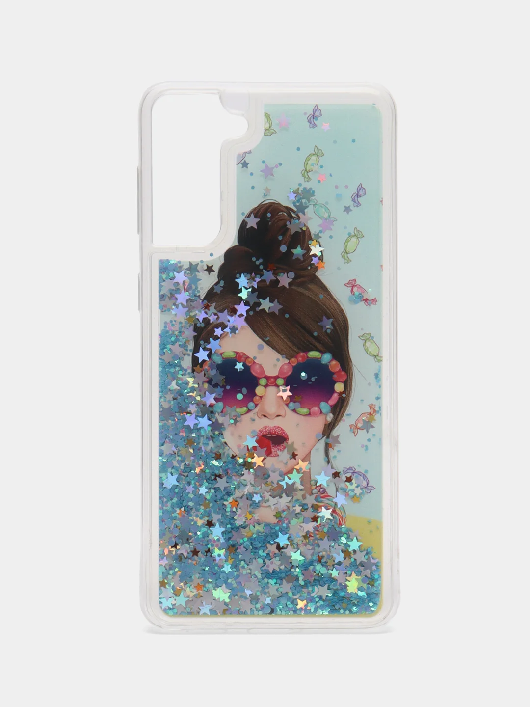Голубой чехол силиконовый жидкий с блестками Samsung S21 Plus + Ultra