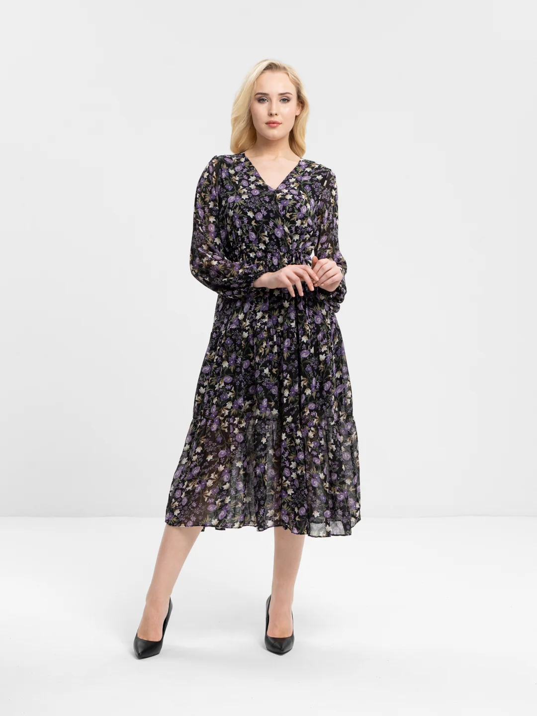 Фиолетовый платье шифоновое принт цветы OVERSIZE