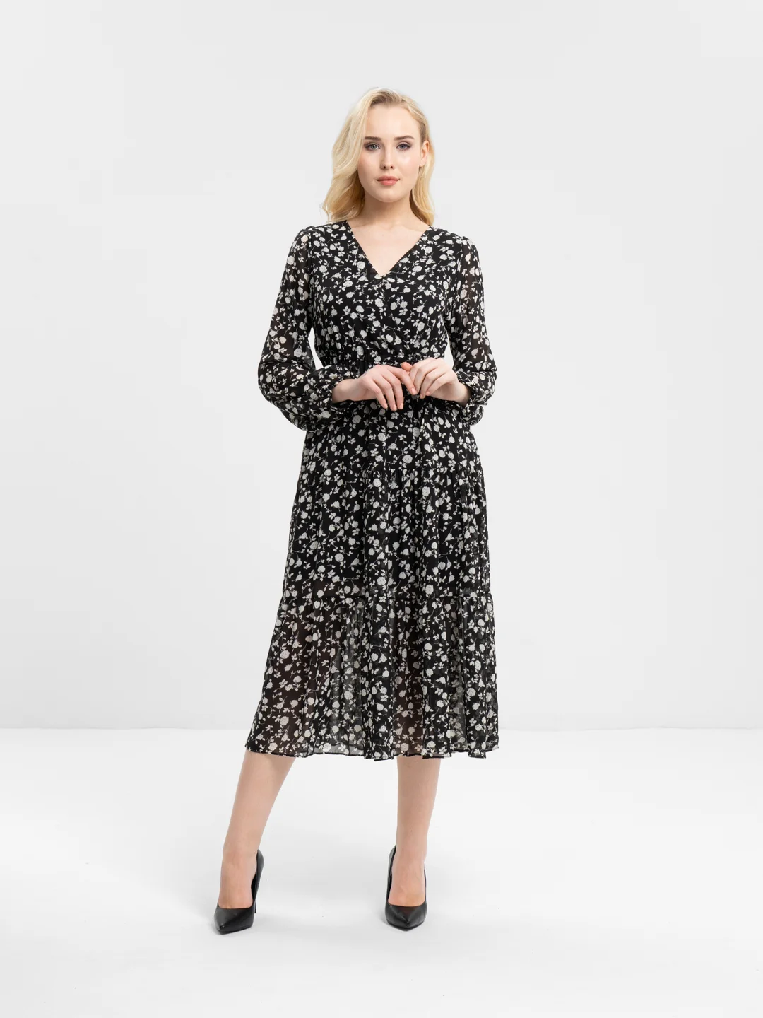 Черный платье шифоновое принт цветы OVERSIZE