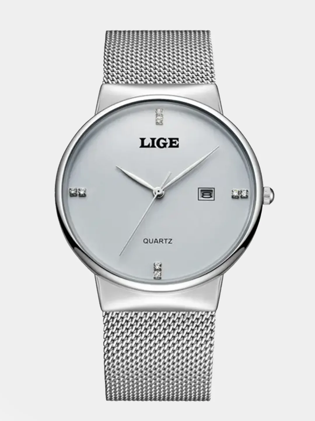 Серебряный наручные часы Lige 9801 с календарём, в подарочной упаковке