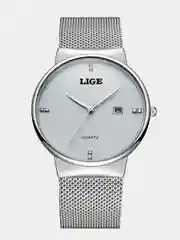 Серебряный наручные часы Lige 9801 с календарём, в подарочной упаковке