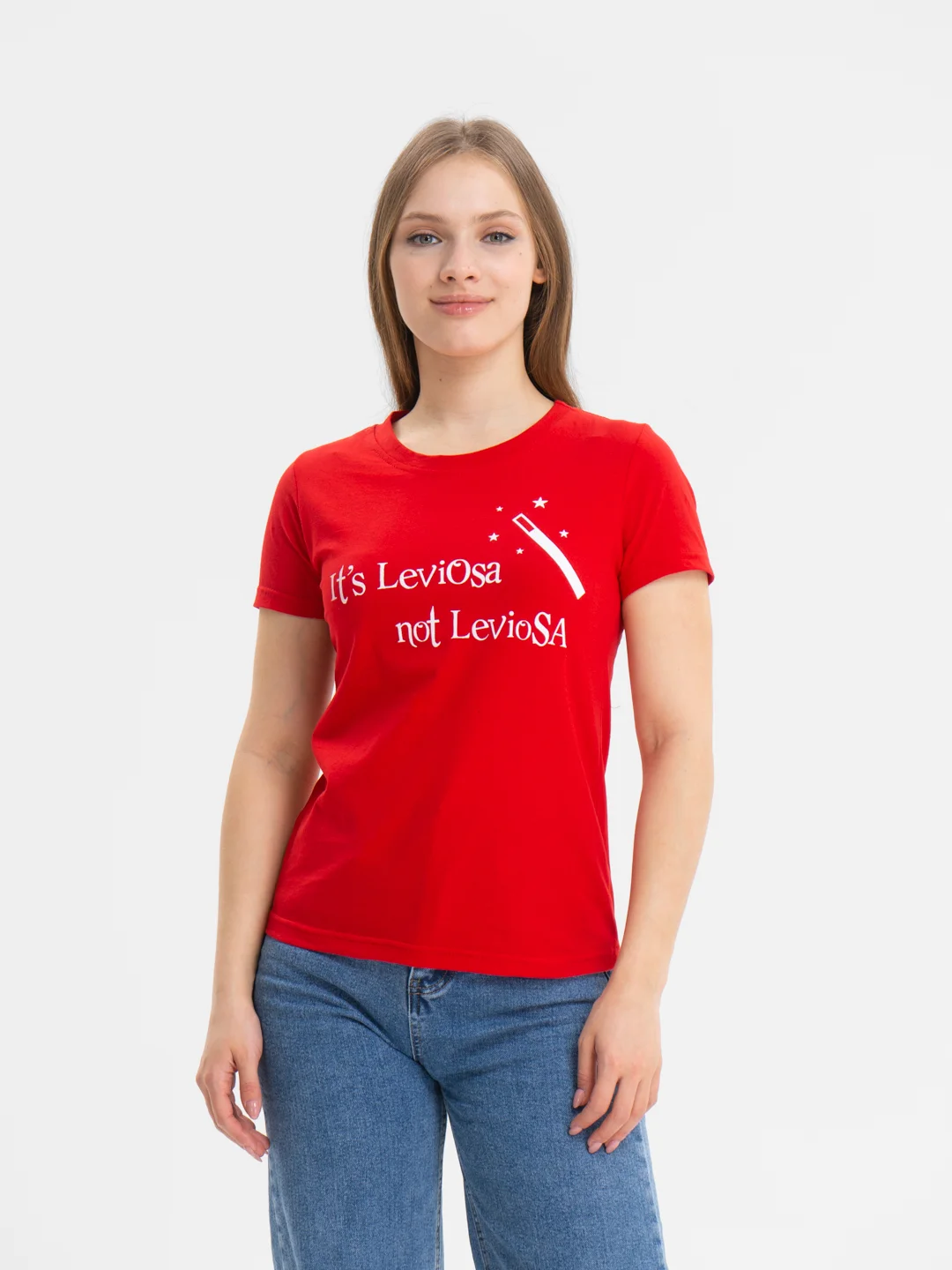 Красный футболка женская с печатью "Its LeviOsa, not LeviosA", по мотивам Гарри Поттера