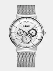 Серебряный наручные часы Lige 9836 с хронографом, в подарочной упаковке
