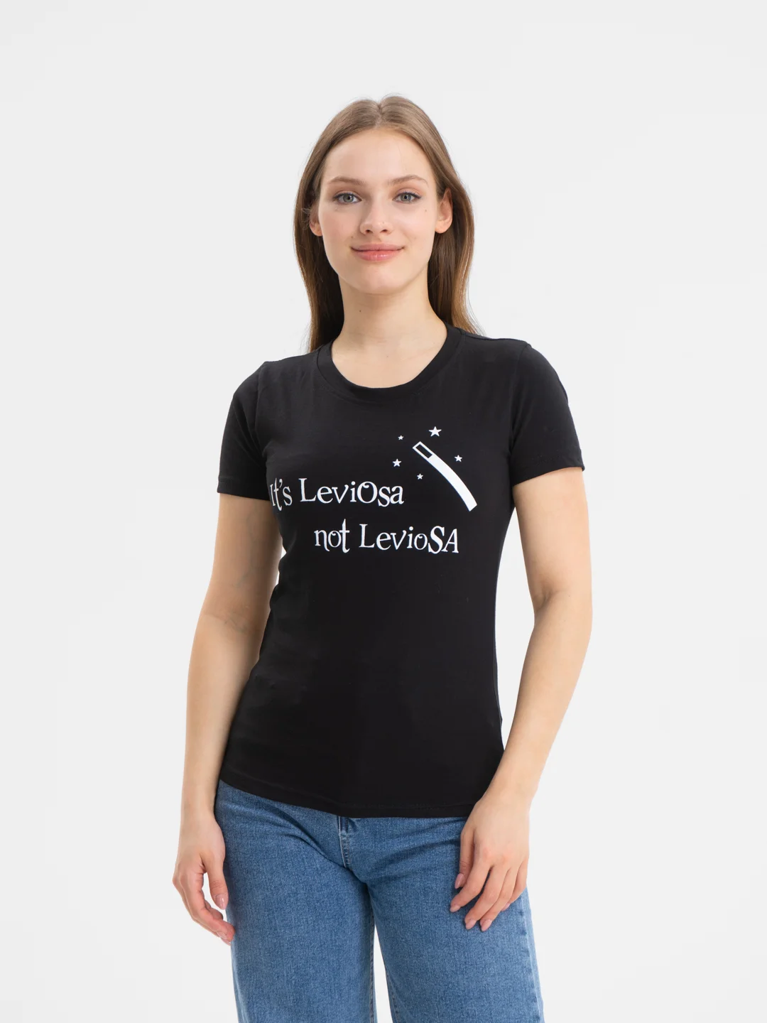Черный футболка женская с печатью "Its LeviOsa, not LeviosA", по мотивам Гарри Поттера