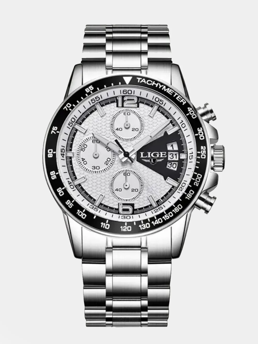 Серебряный мужские наручные часы Lige LG0002 с хронографом, в подарочной упаковке
