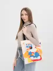 Белый сумка-шоппер женская, из хлопка, с цветным принтом