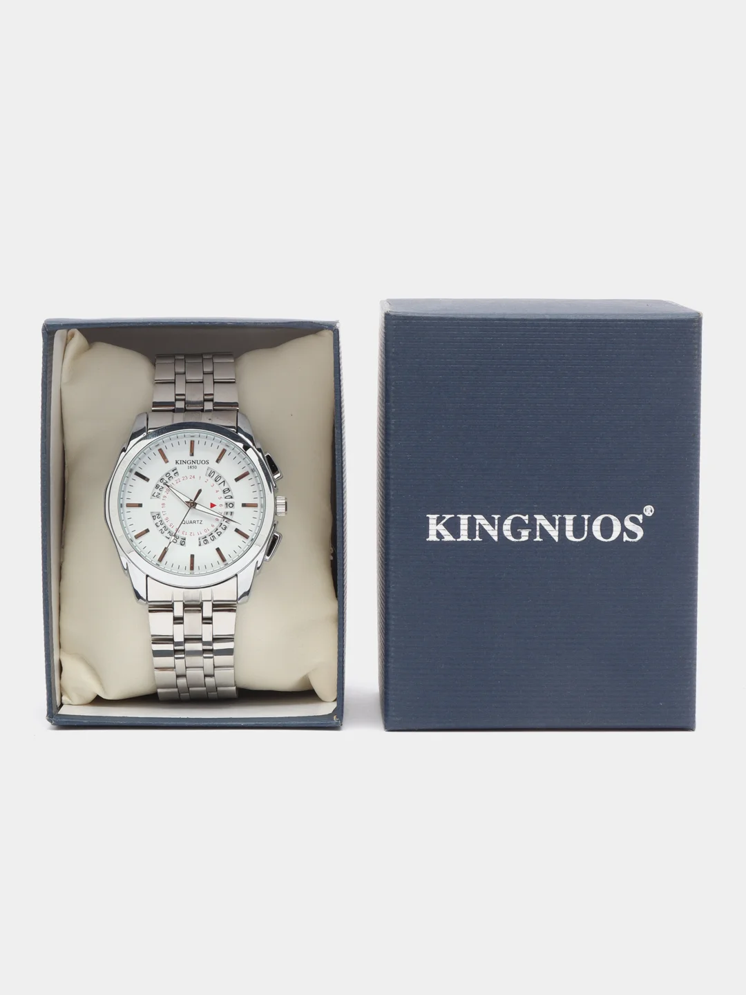 Серебряный мужские наручные часы KINGNUOS K-1850 с календарем, в подарочной упаковке