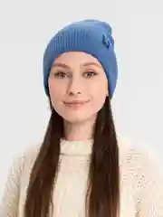 Лазурный шапка-бини вязаная, с отворотом, женская