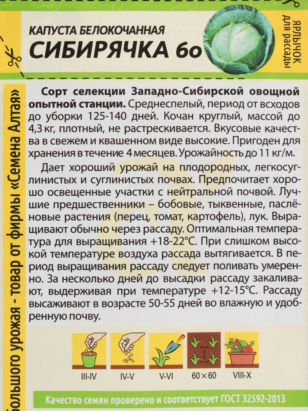 Семена Капуста белокочанная среднеспелая "Сибирячка 60", 0,5 г
