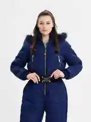 Лазурный женский зимний комбинезон, с капюшоном, с опушкой