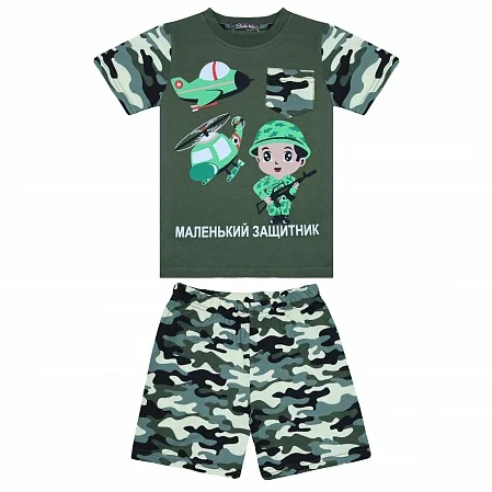 Зеленый комплект детский для мальчика: футболка и шорты, 2-9 лет, камуфляж