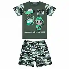 Зеленый комплект детский для мальчика: футболка и шорты, 2-9 лет, камуфляж