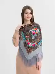 Серый металлик платок женский, в русском стиле, с бахрамой, с цветами