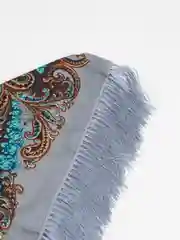 Серый металлик платок женский, в русском стиле, с бахрамой, с цветами