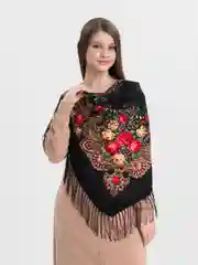 Черный женский русский платок, с бахромой