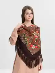 Коричневый платок женский, в русском стиле, с бахрамой, с цветами