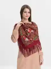 Бордовый женский русский платок, с бахромой