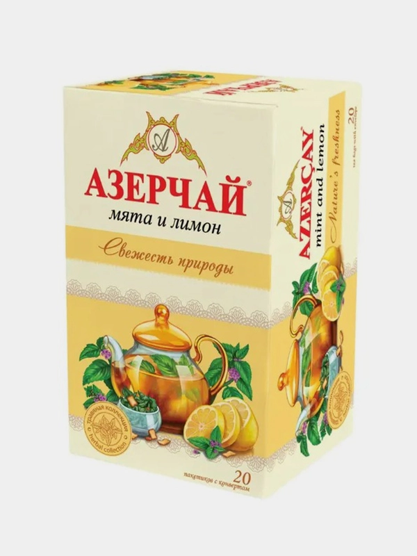 Чайный напиток АЗЕРЧАЙ "Свежесть природы" с мятой и лимоном зеленый, 20 пакетиков
