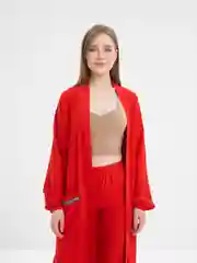 Красный костюм - двойка женский, брючный, с длинным кардиганом