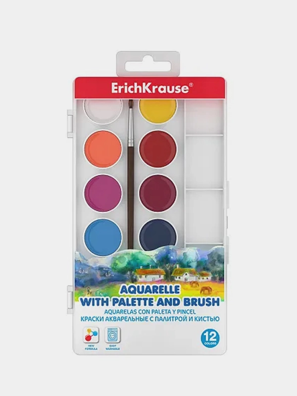 Краски акварельные ErichKrause 12 цветов с палитрой и кистью