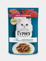Влажный корм для кошек Гурмэ Перл Мясной Дуэт, с языком и телятиной в соусе 75 г, 26 штук