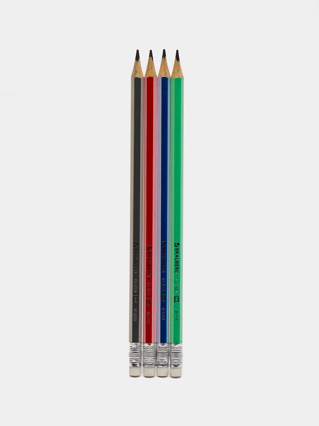Карандаши простые чернографитные BRAUBERG "G-100" 4 шт., HB, с ластиком, 181715