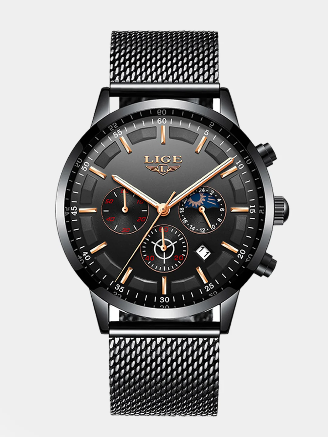 Тёмно-серый мужские наручные часы Lige LG9877 c хронографом, в подарочной упаковке
