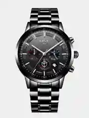 Черный мужские наручные часы Lige LG9877 c хронографом, в подарочной упаковке