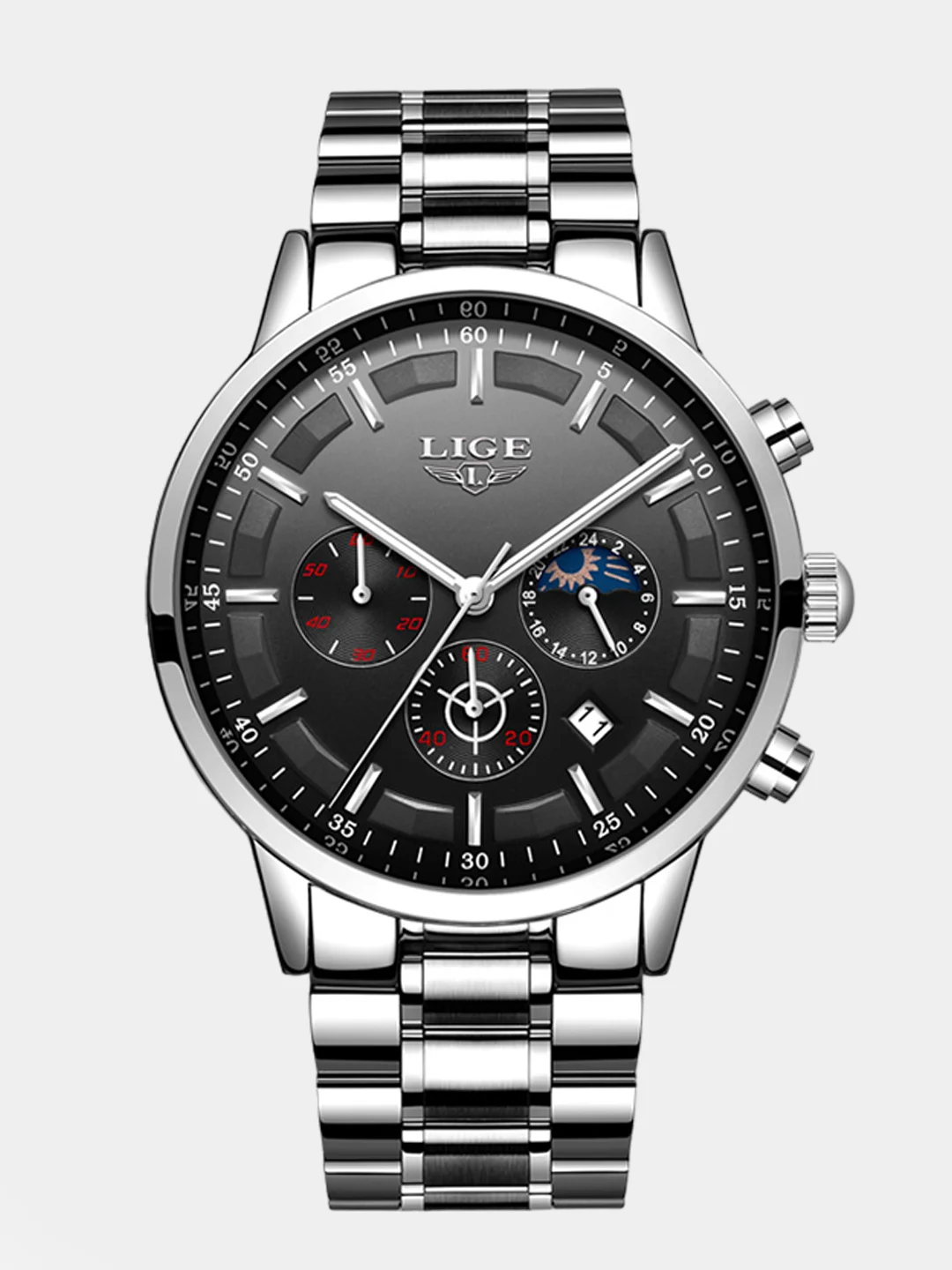 Хром мужские наручные часы Lige LG9877 c хронографом, в подарочной упаковке