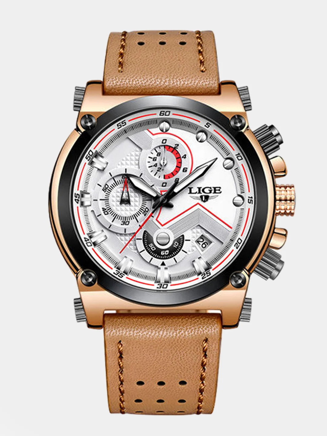 Серый металлик мужские наручные часы Lige LG9856 с хронографом, в подарочной упаковке