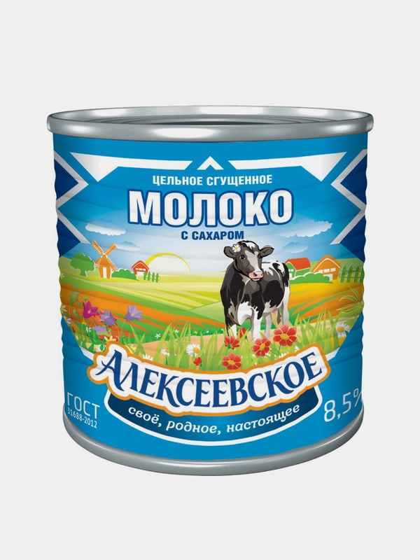 Молоко цельное сгущенное АЛЕКСЕЕВСКОЕ, с сахаром, 8,5%, 380 г