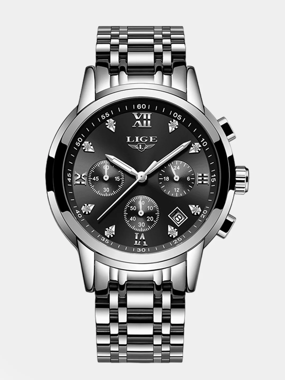 Черный мужские наручные часы Lige LG1002 с хронографом, в подарочной упаковке