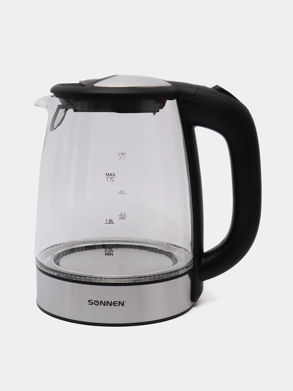 Чайник SONNEN KT-1788, 1,7л, 2200Вт, стекло, черный, подсветка, 454349
